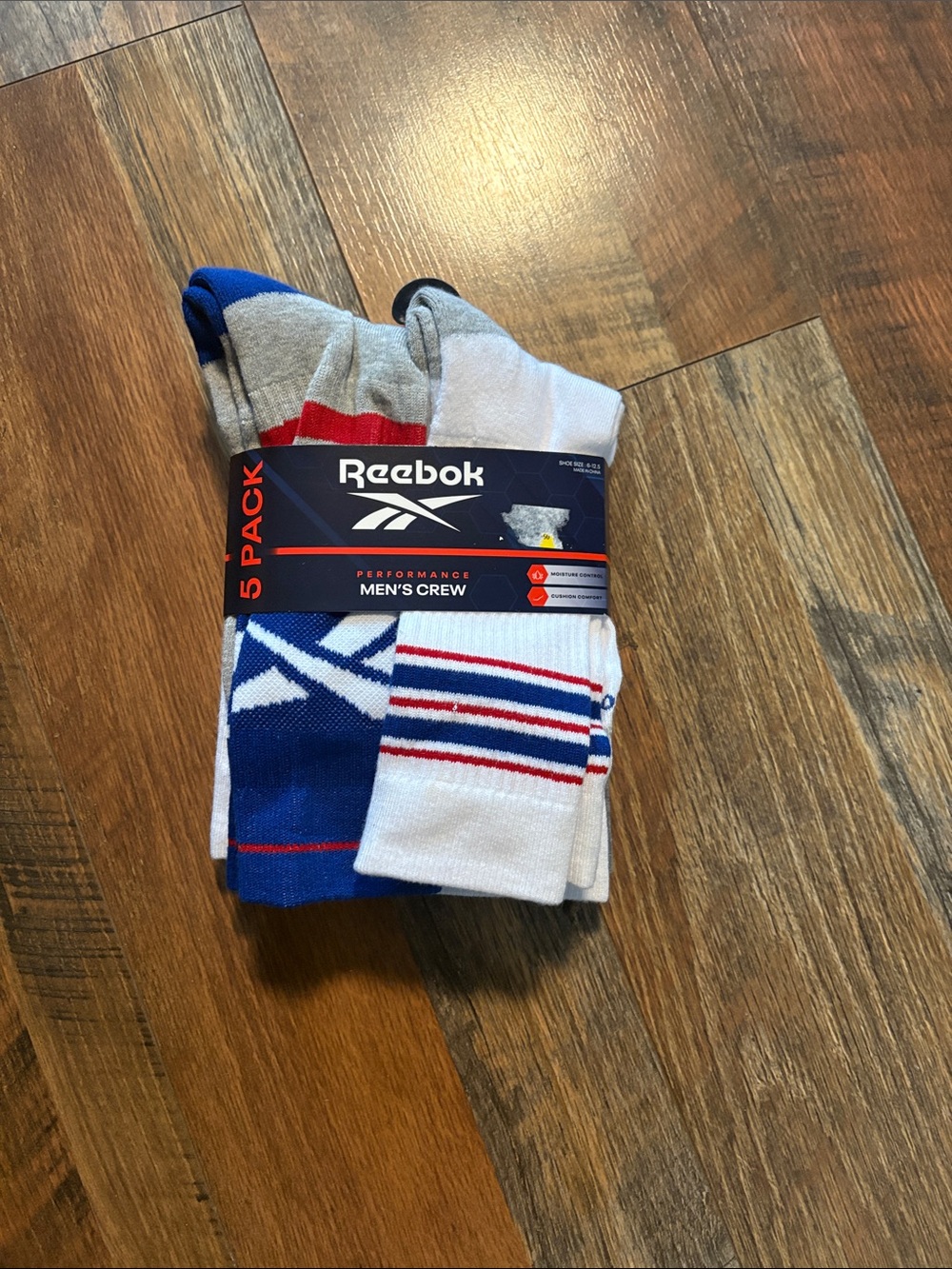 Reebok Men's Crew Athletic Socks — White, Blue, Gray, Red (5-Pack)